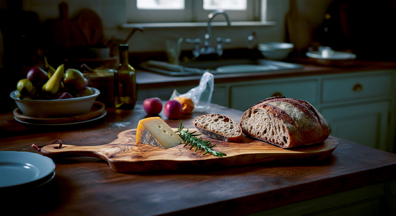 A hyper-realistic, professional photograph in the style of a delicious. magazine feature. The scene is a rustic but bright British kitchen with muted, Farrow & Ball-style grey-green cabinets. In the centre of a worn oak countertop sits a stunning, large olive wood chopping board with a dramatic, swirling grain. On the board are artisanal sourdough bread, a chunk of mature cheddar, and a sprig of fresh rosemary. The lighting is soft and natural, coming from a nearby window, creating gentle highlights on the wood's oily sheen. The mood is warm, inviting, and quietly luxurious, evoking a sense of timeless quality and appreciation for natural materials.
