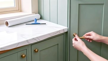 A hyper-realistic, professional photograph in the style of a "Good Homes" magazine feature. The image shows a bright, welcoming British kitchen mid-transformation. A freshly painted, sage green cabinet door is being fitted with a new brushed brass handle by a person whose hands are in shot. In the background, you can see a worktop partially covered in a realistic marble-effect vinyl wrap, with a roll of the vinyl and a squeegee resting nearby. The lighting is soft and natural, coming from a window to the left, creating a warm, optimistic, and inspiring mood. The overall aesthetic is clean, modern country, and distinctly British.