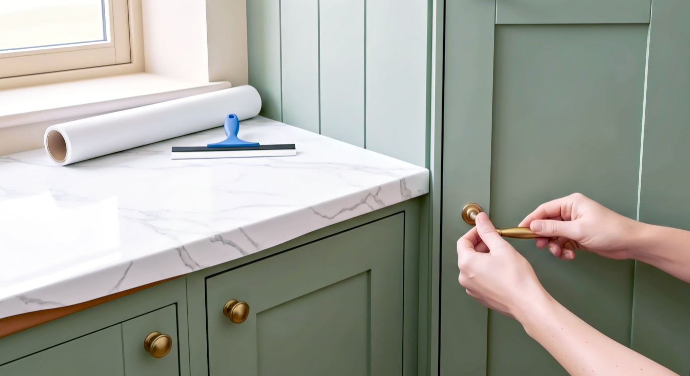 A hyper-realistic, professional photograph in the style of a "Good Homes" magazine feature. The image shows a bright, welcoming British kitchen mid-transformation. A freshly painted, sage green cabinet door is being fitted with a new brushed brass handle by a person whose hands are in shot. In the background, you can see a worktop partially covered in a realistic marble-effect vinyl wrap, with a roll of the vinyl and a squeegee resting nearby. The lighting is soft and natural, coming from a window to the left, creating a warm, optimistic, and inspiring mood. The overall aesthetic is clean, modern country, and distinctly British.