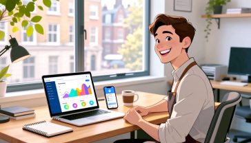 A hyper-realistic, professional image showing a creative small business owner at a wooden desk in a bright, modern office in London. The desk is neatly organised with a laptop showing a colourful marketing analytics dashboard, a smartphone displaying a social media planner app, a notepad, and a coffee mug. The person is smiling, looking confidently at the screen, and a large window behind them shows a slightly blurred, leafy urban view. The style should be warm, aspirational, and professional, with soft, natural lighting, conveying a sense of organised efficiency and success.