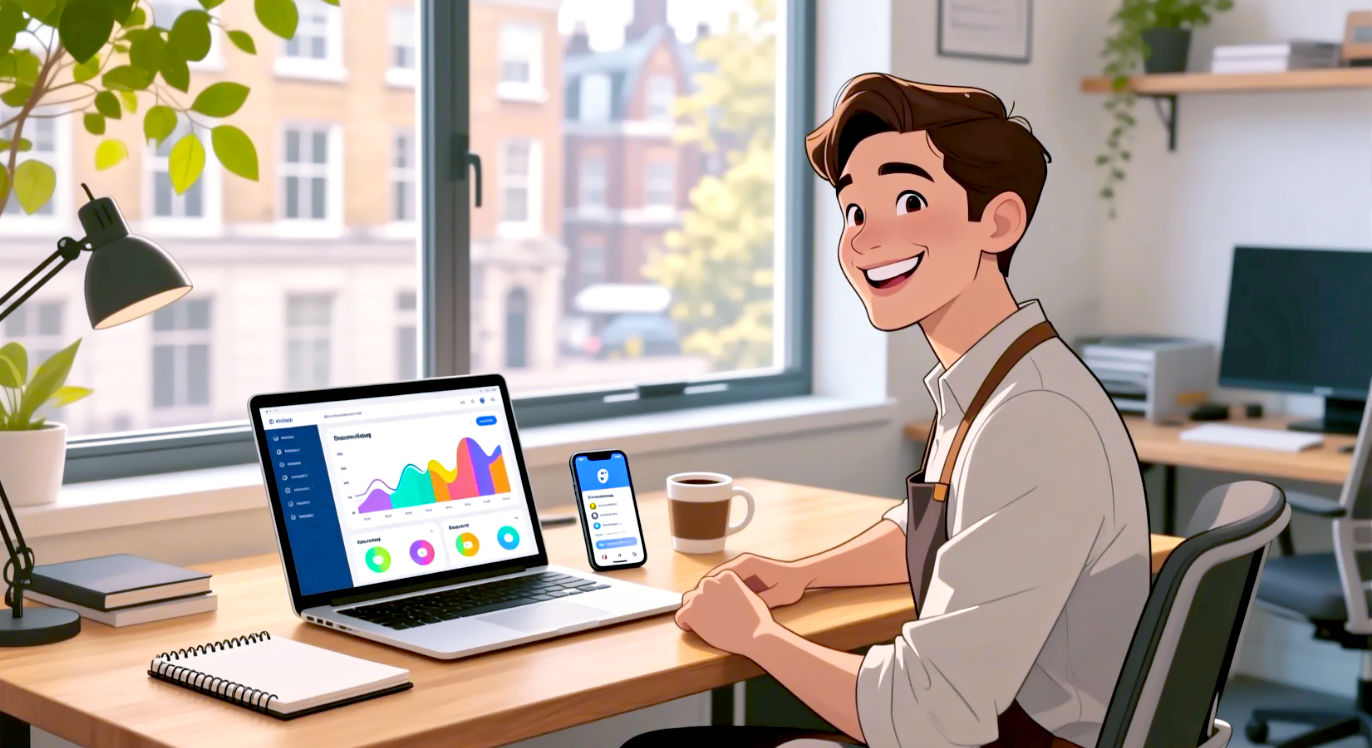 A hyper-realistic, professional image showing a creative small business owner at a wooden desk in a bright, modern office in London. The desk is neatly organised with a laptop showing a colourful marketing analytics dashboard, a smartphone displaying a social media planner app, a notepad, and a coffee mug. The person is smiling, looking confidently at the screen, and a large window behind them shows a slightly blurred, leafy urban view. The style should be warm, aspirational, and professional, with soft, natural lighting, conveying a sense of organised efficiency and success.