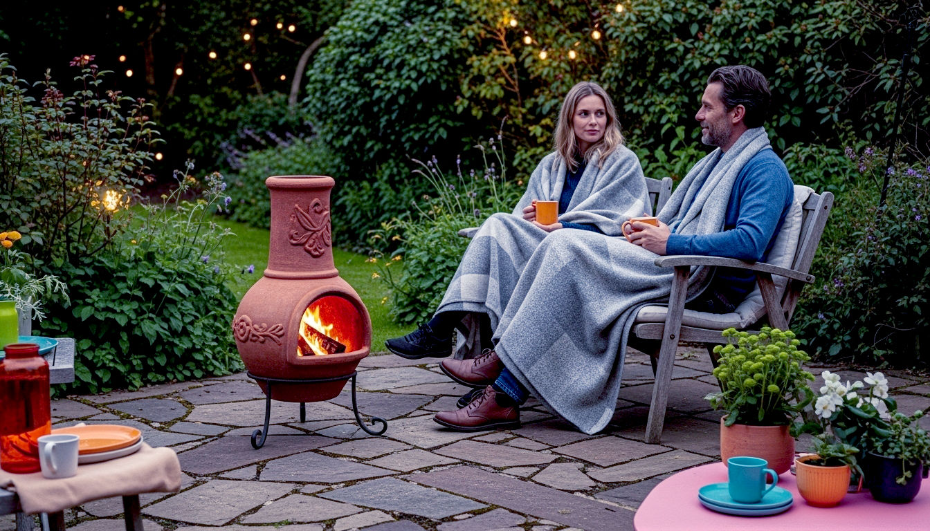 A hyper-realistic, professional photograph of a rustic, terracotta clay chiminea glowing warmly on a flagstone patio in a lush, green British cottage garden during twilight. A cosy couple in their 30s sits nearby on wooden chairs, wrapped in wool blankets, holding mugs of tea. Soft, ambient light from the fire and string lights illuminates the scene. The mood is tranquil, warm, and aspirational. In the style of a high-end feature in Country Living or Gardens Illustrated magazine, with a shallow depth of field focusing on the chiminea.