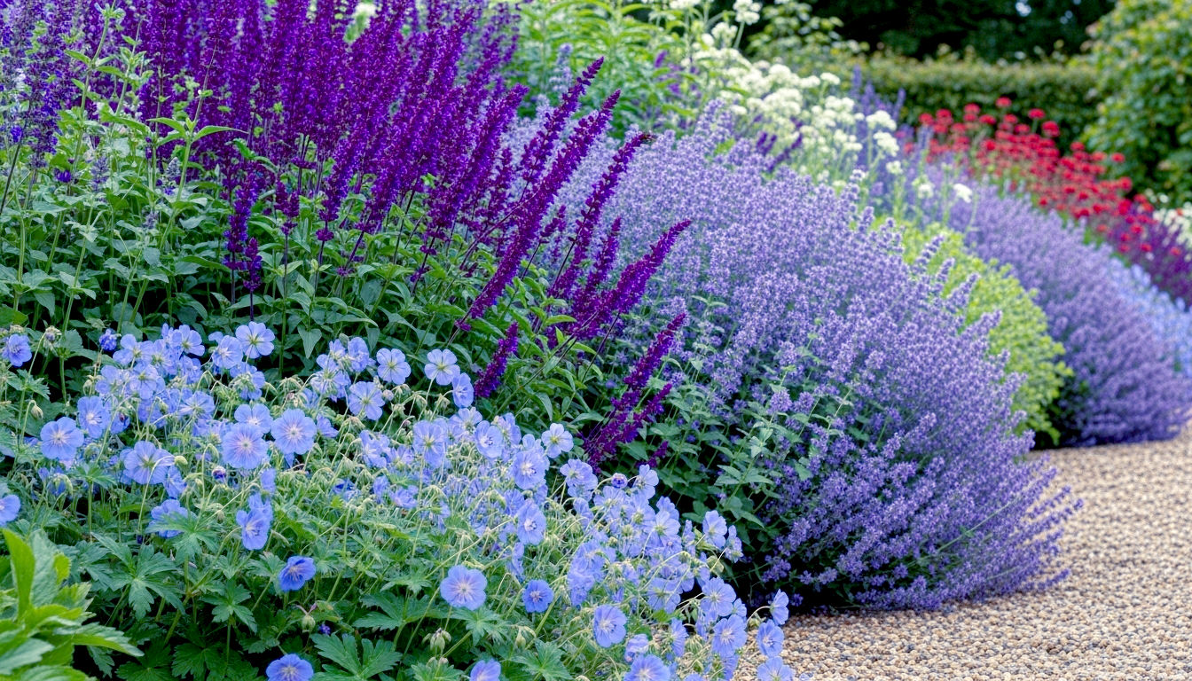 The image shows a lush, overflowing perennial border in a classic British garden on a soft, overcast summer day. In the foreground, the vibrant blue of Geranium 'Rozanne' spills onto a gravel path. Behind it, the deep violet spires of Salvia 'Caradonna' and clouds of lavender-blue Nepeta create texture. Dappled light filters through, highlighting the rich greens and vibrant colours. The mood is tranquil, aspirational, and quintessentially British.