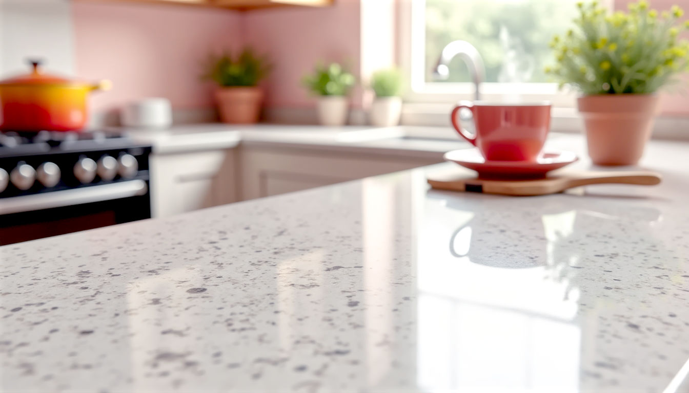 A hyper-realistic, professional photograph in the style of a feature in Livingetc or Ideal Home magazine. The image showcases a beautiful, modern British kitchen with a large central island topped with a "Viscon White" granite worktop, which has soft, flowing grey veins. The kitchen has shaker-style cabinets painted in a deep Farrow & Ball-esque navy blue ("Hague Blue"). The lighting is bright and airy, with natural light coming from a large window overlooking a lush, green British garden. On the worktop, there's a stylish Le Creuset casserole dish, a wooden chopping board with some fresh sourdough bread, and a vase of wildflowers. The overall mood is sophisticated, warm, and aspirational, blending classic British style with a clean, contemporary feel.