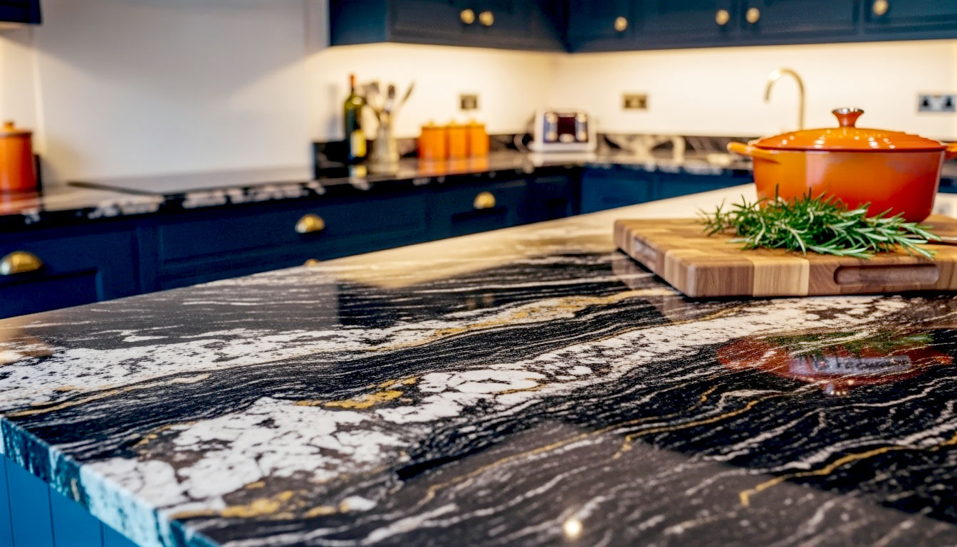A hyper-realistic, professional photograph in the style of a modern British home design magazine. The image captures a close-up, angled shot of a newly installed 'Cosmic Black' granite worktop with striking white and gold veins. The surface is polished to a high gloss, reflecting the soft, warm light from under-cabinet LEDs. In the background, a stylish, contemporary kitchen with dark blue shaker-style cabinets and brass handles is softly blurred, keeping the focus on the granite's texture and depth. On the worktop rests a high-end wooden chopping board with a sprig of fresh rosemary and a Le Creuset casserole dish, suggesting a kitchen that is both beautiful and functional. The overall mood is sophisticated, warm, and aspirational, perfectly capturing the essence of a modern British dream kitchen.