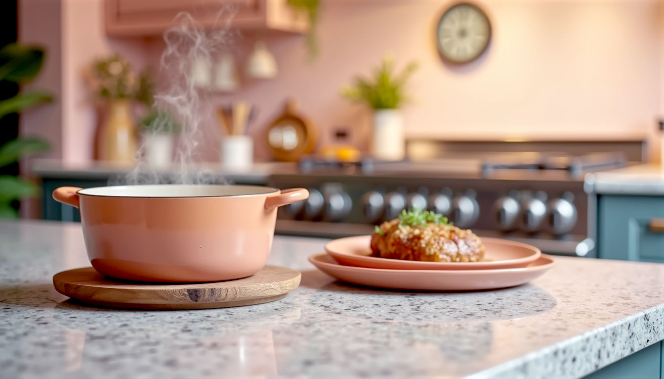 A hyper-realistic, professional photograph in the style of a modern kitchen design magazine. The shot is a close-up, angled view of a polished, speckled grey granite worktop with a beautiful crystalline texture. In the background, a cosy, well-lit British kitchen is softly blurred, showing a range cooker. In the foreground, a steaming, rustic casserole dish sits safely on a stylish wooden trivet next to the hob, with a hand just moving away. The lighting is warm and inviting, evoking a sense of homely practicality and care. The mood is trustworthy, elegant, and quintessentially British.