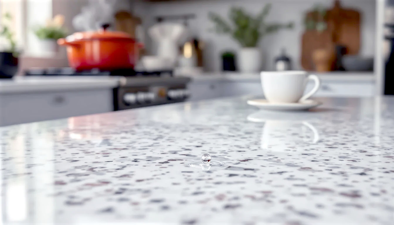 A hyper-realistic, professional photograph in the style of a modern kitchen design magazine. The shot is a close-up, angled view of a polished, new 'Kashmir White' granite worktop with its characteristic grey and cranberry speckles. On the gleaming surface, a single, perfect bead of water sits, demonstrating the effect of a high-quality sealant. In the soft-focus background, a classic British kitchen scene is visible: a Le Creuset casserole dish on a hob and a mug of tea steaming gently. The lighting is bright and natural, coming from a nearby window, creating a clean, airy, and trustworthy mood. The overall composition should feel both aspirational and reassuringly practical.