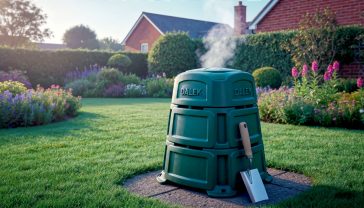 A hyper-realistic, professional photograph in the style of a Gardeners' World magazine feature. An attractive, well-kept British garden in soft morning light. In the centre is a classic dark green 'Dalek' style compost bin, slightly weathered, with a trowel resting against it. Steam is gently rising from the top, hinting at the decomposition process. The background shows a neat lawn, colourful flowerbeds, and a red brick house. The mood is wholesome, sustainable, and aspirational.