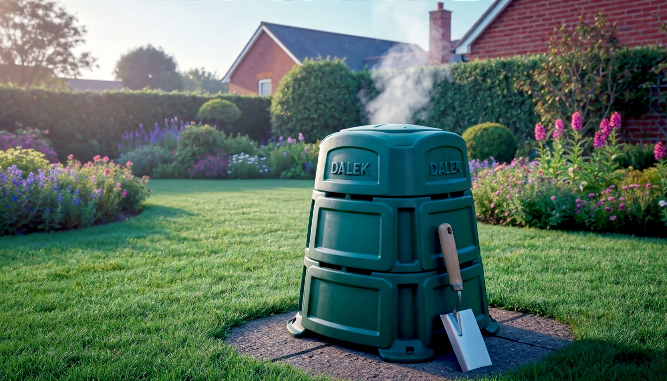A hyper-realistic, professional photograph in the style of a Gardeners' World magazine feature. An attractive, well-kept British garden in soft morning light. In the centre is a classic dark green 'Dalek' style compost bin, slightly weathered, with a trowel resting against it. Steam is gently rising from the top, hinting at the decomposition process. The background shows a neat lawn, colourful flowerbeds, and a red brick house. The mood is wholesome, sustainable, and aspirational.