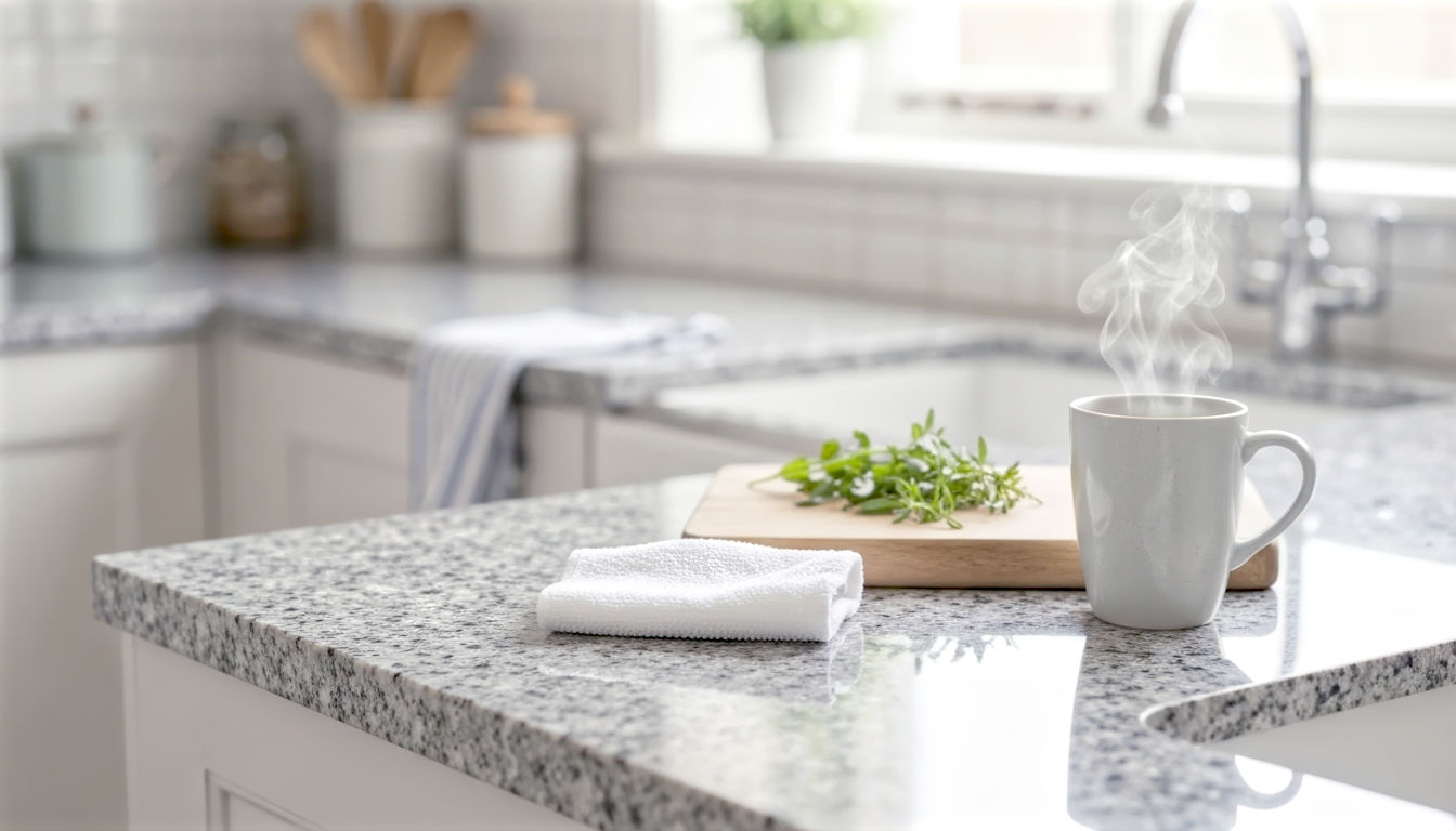 A hyper-realistic, professional photograph in the style of a home interiors magazine. The shot captures a close-up of a polished, speckled grey-and-black granite worktop in a bright, modern British kitchen. On the worktop rests a clean, white microfibre cloth, a wooden chopping board with a few fresh herbs, and a steaming mug of tea. The lighting is soft and natural, coming from a nearby window, creating a warm, inviting, and clean atmosphere. The mood is one of calm, effortless maintenance and everyday elegance.