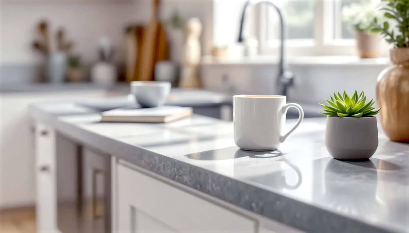 A hyper-realistic, professional photograph in the style of a modern home design magazine. The image is a close-up, diagonal shot of a polished 'Steel Grey' granite worktop in a bright, contemporary British shaker-style kitchen. Soft, natural morning light streams in from an out-of-focus window, highlighting the subtle texture and sparkle of the stone. On the worktop rests a stylish white ceramic mug of tea, a half-read paperback book, and a small, vibrant green succulent in a concrete pot. The composition is clean and aspirational, evoking a sense of calm, quality, and achievable luxury. The mood is warm and inviting.