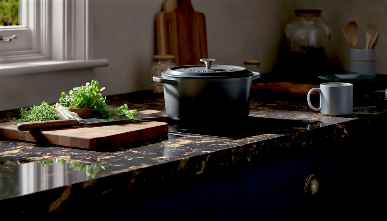 A hyper-realistic, professional photograph in the style of a modern kitchen design magazine. The image showcases a beautiful, newly installed 'Cosmic Black' granite worktop in a bright, contemporary British kitchen. The worktop has dramatic white and gold veining and a polished, reflective surface. On the worktop sits a stylish cast-iron pot, a wooden chopping board with freshly cut herbs, and a mug of tea. The background shows clean, shaker-style cabinets in a deep navy blue and soft, natural morning light is streaming in from a window. The mood is aspirational, clean, and high-quality, perfectly capturing the blend of natural beauty and everyday use.