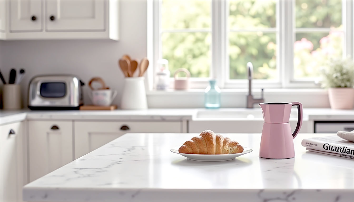 A hyper-realistic, professional photograph for a British interior design magazine. A bright, modern shaker-style kitchen bathed in soft, natural light from a window. The focus is on a stunning, lightly veined quartz worktop. On the worktop sits a cafetière, a half-eaten croissant on a stylish plate, and a copy of The Guardian newspaper. The background is slightly blurred, showing a Dualit toaster and a stylish kettle. The mood is aspirational, clean, and quintessentially British middle-class.