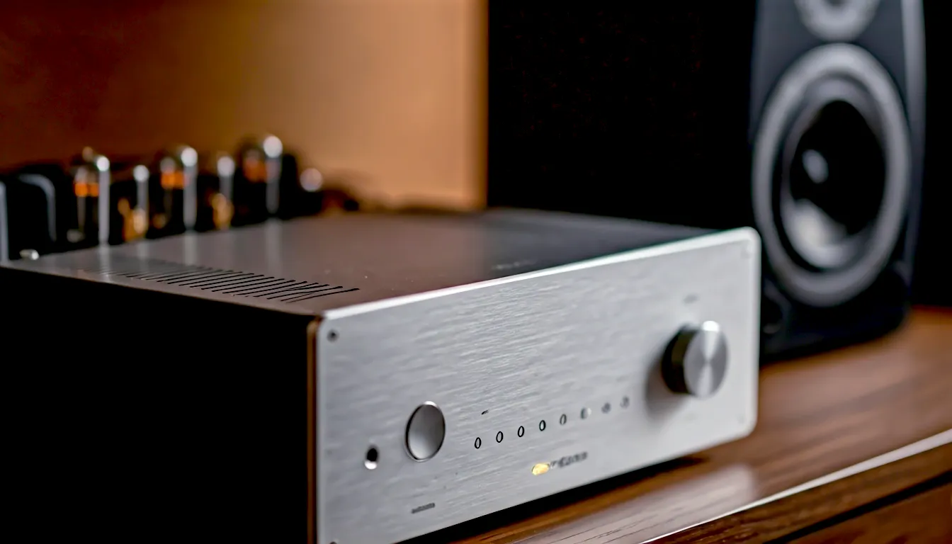 A hyper-realistic, professional photograph with a shallow depth of field, capturing of a high-quality speaker next to a brushed-aluminium British amplifier. The lighting is warm and inviting, suggesting a cosy living room in the background. The mood is one of precision, care, and the promise of great sound. Style: similar to a product shot in What Hi-Fi? magazine.