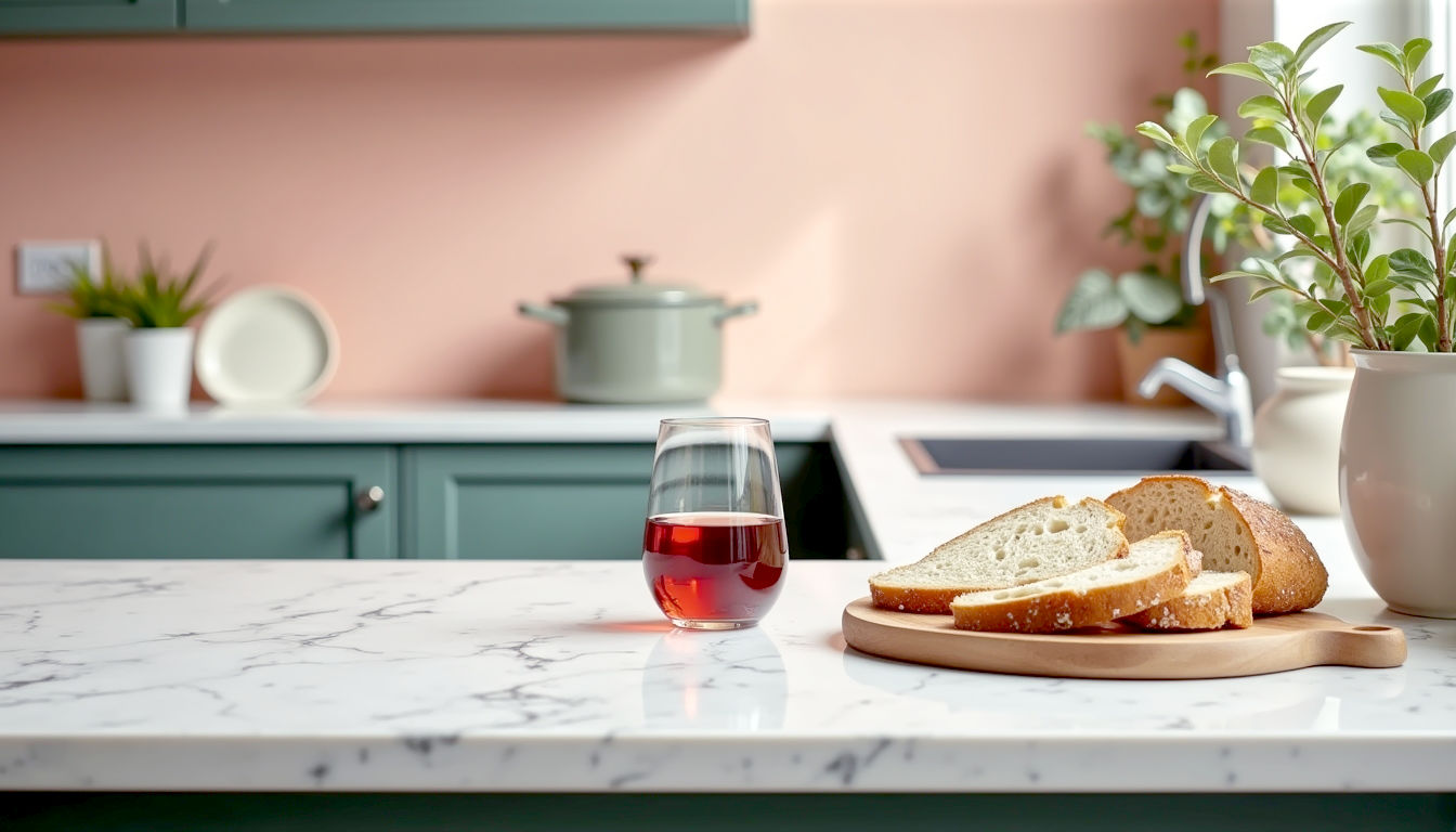 A hyper-realistic, professional photograph in the style of a Neptune or deVOL kitchen photoshoot. The image captures a beautiful, subtly lit Shaker-style kitchen in a deep Farrow & Ball-esque green. The focus is on a pristine white quartz worktop with delicate grey veining. On the worktop rests a wooden chopping board with freshly sliced sourdough, a half-empty glass of red wine, and a Le Creuset casserole dish, subtly suggesting a busy, well-loved family kitchen. The lighting is soft and natural, coming from an unseen window, creating a warm, inviting, and quintessentially British atmosphere. The composition is clean and slightly off-centre, conveying effortless elegance and superior quality.