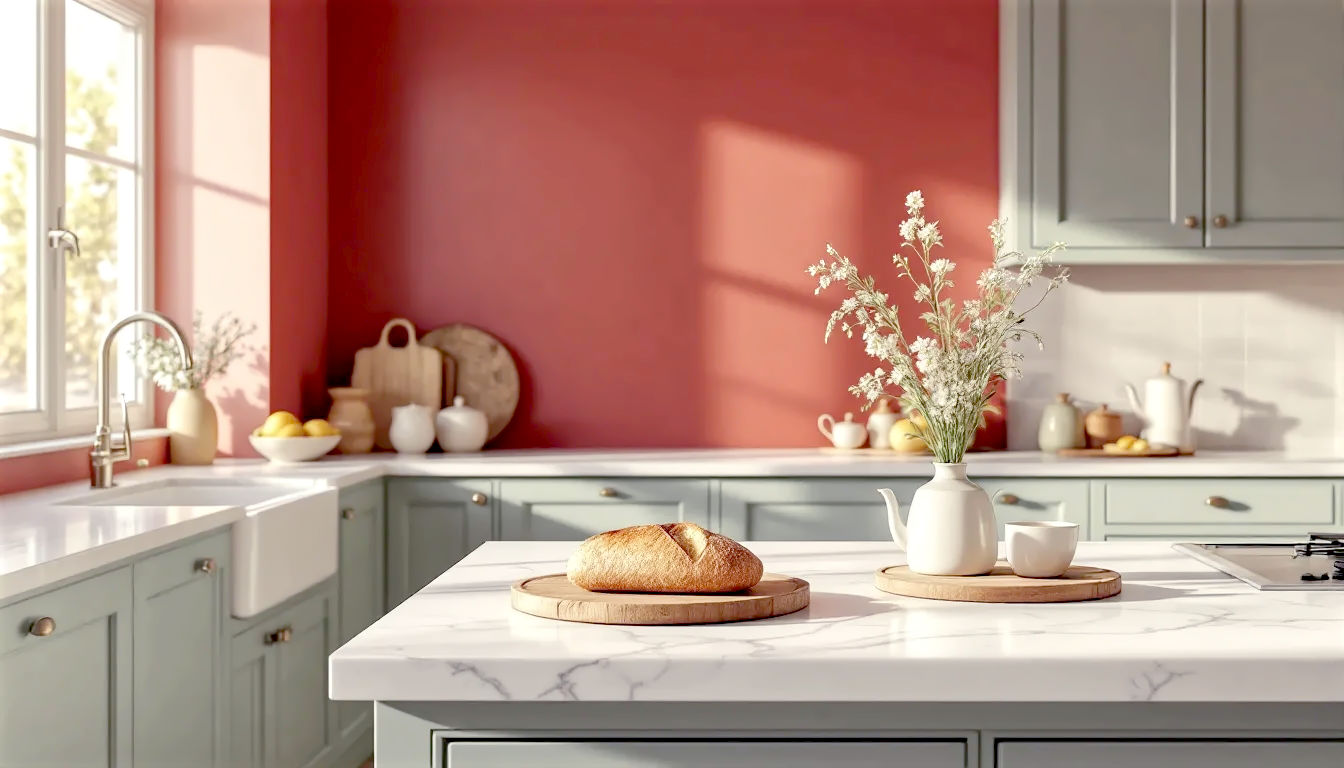 A hyper-realistic, professional photograph in the style of an Ideal Home magazine feature. The image captures a beautifully lit, contemporary British kitchen with shaker-style cabinets in a soft, Farrow & Ball-esque sage green. The main focus is a pristine white quartz worktop on a central island. On the worktop sits a stylish Le Creuset teapot, a wooden chopping board with a rustic sourdough loaf, and a small vase of fresh wildflowers. The morning light streams in from a nearby window, reflecting gently off the worktop's subtle marble-like veining. The background shows a clean, uncluttered space, creating a mood that is aspirational yet warm, clean, and inviting.