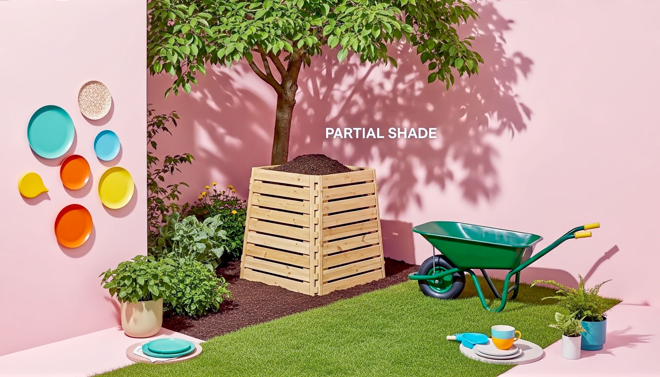 The image showcases the ideal placement for a compost bin. A handsome wooden slatted compost bin sits discreetly in a corner of a lush British garden, placed directly on the soil at the edge of a neat lawn. Dappled sunlight filters through the leaves of an overhanging tree, illustrating the perfect 'partial shade' location. A classic green wheelbarrow is positioned nearby, suggesting easy access. The scene is tranquil and practical, conveying a sense of thoughtful garden planning.