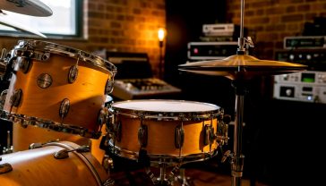 A hyper-realistic, professional photograph of a stunning acoustic drum kit with a natural maple wood finish. The shot is a medium close-up, focusing on the intricate details of the snare drum and a gleaming bronze ride cymbal. The setting is a rustic British recording studio with exposed brickwork and vintage audio gear softly blurred in the background. Warm, golden-hour light streams in from a side window, highlighting the wood grain and casting soft shadows. The mood is one of quiet inspiration and premium craftsmanship, inviting the viewer to play.