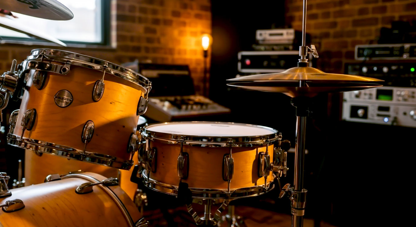 A hyper-realistic, professional photograph of a stunning acoustic drum kit with a natural maple wood finish. The shot is a medium close-up, focusing on the intricate details of the snare drum and a gleaming bronze ride cymbal. The setting is a rustic British recording studio with exposed brickwork and vintage audio gear softly blurred in the background. Warm, golden-hour light streams in from a side window, highlighting the wood grain and casting soft shadows. The mood is one of quiet inspiration and premium craftsmanship, inviting the viewer to play.
