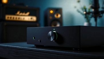 A hyper-realistic, professional photograph in the style of a product shot for a high-end audio magazine. The image features a classic, modern British integrated amplifier (similar to a Naim or Rega design) with a sleek black metal casing and a single, softly illuminated green volume knob. It sits on a dark oak surface. In the soft-focus background, a vintage Marshall guitar amplifier head and a pair of classic BBC-style monitor speakers are subtly visible, creating a sense of history and heritage. The lighting is dramatic and moody, with a single key light highlighting the texture of the amplifier's casing and casting long, soft shadows. The overall mood is one of premium quality, precision engineering, and a deep passion for sound.