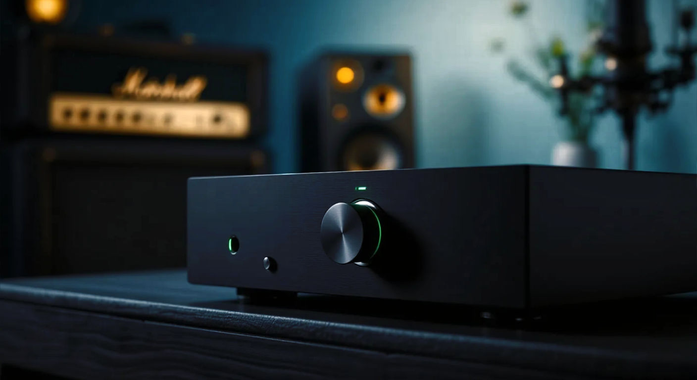 A hyper-realistic, professional photograph in the style of a product shot for a high-end audio magazine. The image features a classic, modern British integrated amplifier (similar to a Naim or Rega design) with a sleek black metal casing and a single, softly illuminated green volume knob. It sits on a dark oak surface. In the soft-focus background, a vintage Marshall guitar amplifier head and a pair of classic BBC-style monitor speakers are subtly visible, creating a sense of history and heritage. The lighting is dramatic and moody, with a single key light highlighting the texture of the amplifier's casing and casting long, soft shadows. The overall mood is one of premium quality, precision engineering, and a deep passion for sound.