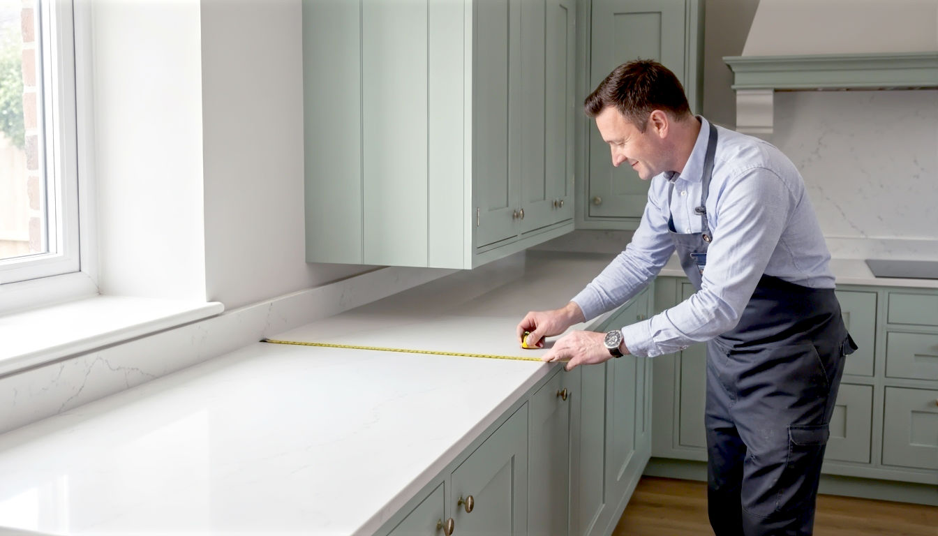 A hyper-realistic, professional photograph in the style of an aspirational home design magazine. The image shows a bright, modern British kitchen with shaker-style cabinets painted in a soft, Farrow & Ball-esque sage green. The focus is on a pristine white quartz worktop being measured by a friendly, professional kitchen fitter in his late 30s. He is using a traditional tape measure along the edge of the worktop, which has a standard overhang above the cabinets. The lighting is soft and natural, streaming in from a window to the side, highlighting the subtle veining in the quartz. The mood is one of precision, quality craftsmanship, and calm domestic ambition. The composition is a medium shot, slightly angled to show both the length and depth of the worktop.