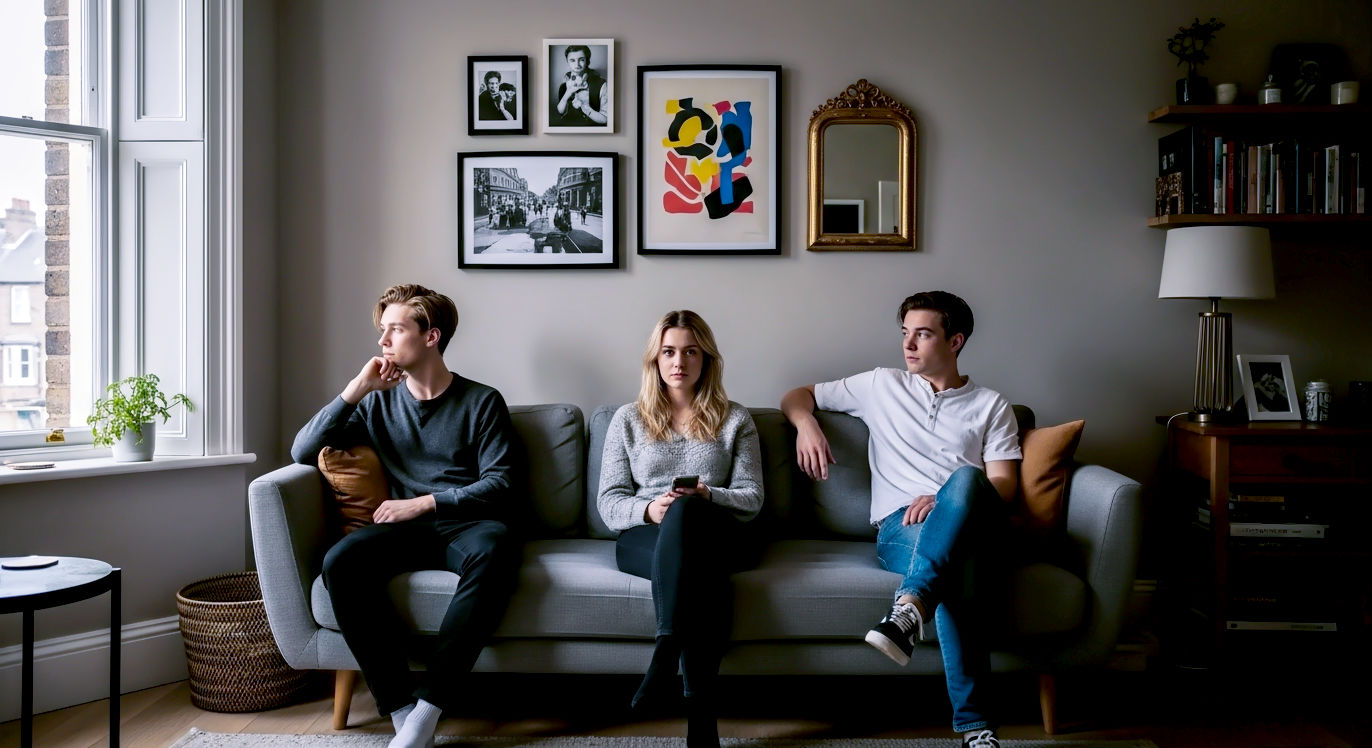 A hyper-realistic, professional photograph in the style of a feature in Livingetc magazine. The scene is a beautifully styled, bright British living room with a comfortable, modern grey sofa. Above the sofa hangs a perfectly curated gallery wall featuring a mix of black and white photography, a couple of colourful abstract prints, and a small, ornate gold-framed mirror. The lighting is soft and natural, coming from a large sash window to the side, creating a warm and inviting mood. The overall aesthetic is stylish, personal, and effortlessly chic, evoking a sense of a real, loved home.