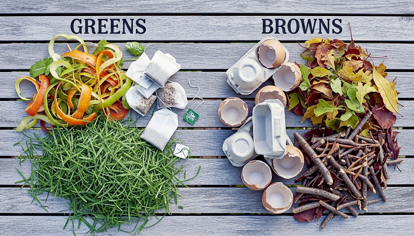 On a weathered wooden garden table, two piles of compost ingredients are neatly separated. On the left is a vibrant 'Greens' pile with fresh vegetable peelings, used tea bags, and lush grass clippings. On the right is a 'Browns' pile with torn cardboard egg boxes, crisp autumn leaves, and small twigs. The lighting is bright and natural, highlighting the rich textures and colours. The overall mood is clean, educational, and rustic.