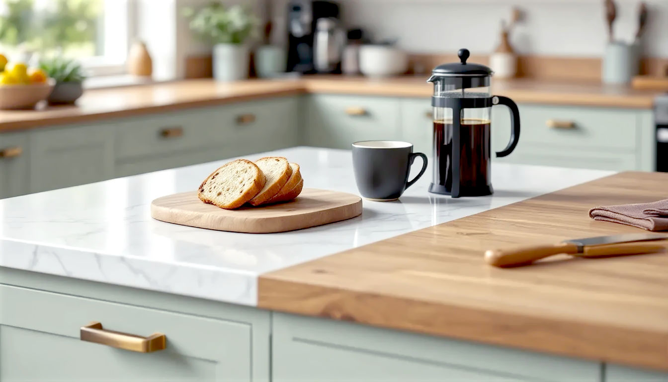 A hyper-realistic, professional photograph in the style of a modern British interior design magazine. The shot is a close-up, angled view of the corner of a stylish kitchen island in a bright, airy home in the UK. One half of the island is a beautiful, subtly veined white quartz worktop, on which sits a rustic wooden chopping board with freshly sliced sourdough bread. The other half transitions seamlessly to a warm, oiled oak worktop, where a modern black coffee press and two ceramic mugs are placed. The background is softly blurred, showing a hint of sage green shaker-style cabinets and a window with garden light filtering through. The lighting is soft and natural, creating a clean, inviting, and aspirational mood that perfectly captures the choice between modern engineered stone and classic solid wood.