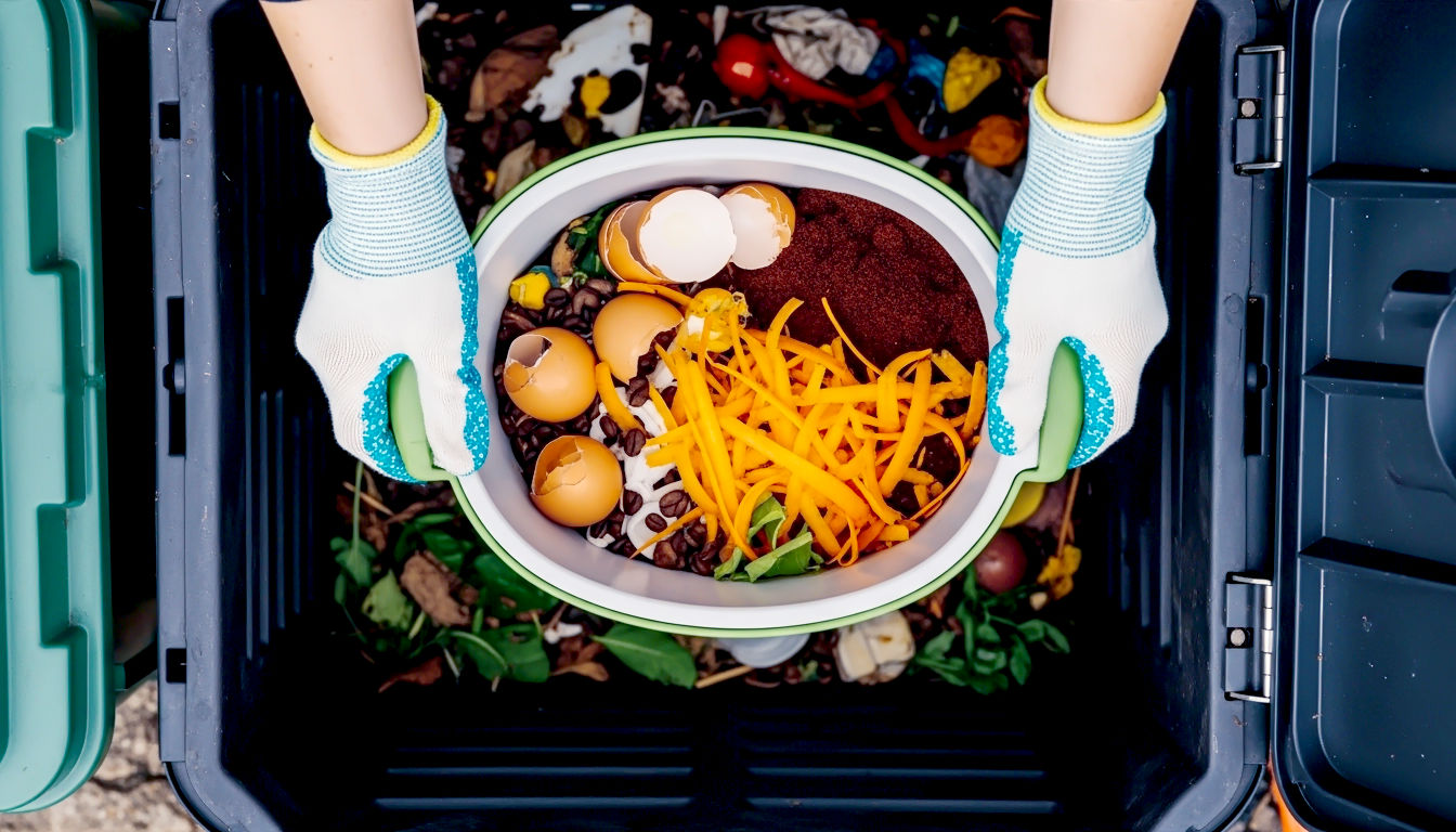 The shot is taken from a first-person perspective, looking down into an open compost bin. A pair of hands in clean gardening gloves is tipping a stylish kitchen caddy, which is overflowing with colourful, 'good' compostable materials: bright carrot peelings, coffee grounds, and crushed eggshells. The interior of the bin shows layers of other garden waste. The lighting is bright and clear, emphasizing the fresh colours and textures. The mood is active, positive, and encouraging, capturing the satisfying moment of starting the composting process.
