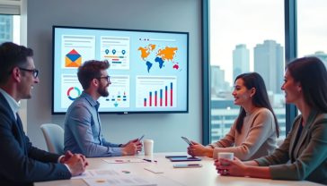 A professional, hyper-realistic photograph capturing a collaborative business meeting in a bright, modern office in London with a view of the skyline. A team of marketing experts is presenting a successful email campaign on a large screen to a smiling female small business owner. The screen shows vibrant email templates and positive growth charts. The mood is professional, optimistic, and supportive, with soft, natural lighting.
