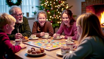 A hyper-realistic, warm, and festive photograph in the style of a high-end lifestyle magazine. The scene is a cosy British living room at Christmas. A family with diverse ages (a grandparent, parents, and two children aged around 8 and 14) are gathered around a rustic wooden dining table, mid-laugh, playing the board game 'Ticket to Ride: Europe'. The game board is colourful and central on the table, surrounded by cups of tea, a plate of mince pies, and a bowl of Quality Street. In the background, a decorated Christmas tree with warm, glowing lights is slightly out of focus. The lighting is soft and golden, coming from the tree and a nearby fireplace, evoking a feeling of warmth, nostalgia, and connection. The composition is a top-down angle, slightly off-centre, capturing the joyful interaction and the vibrant game components.
