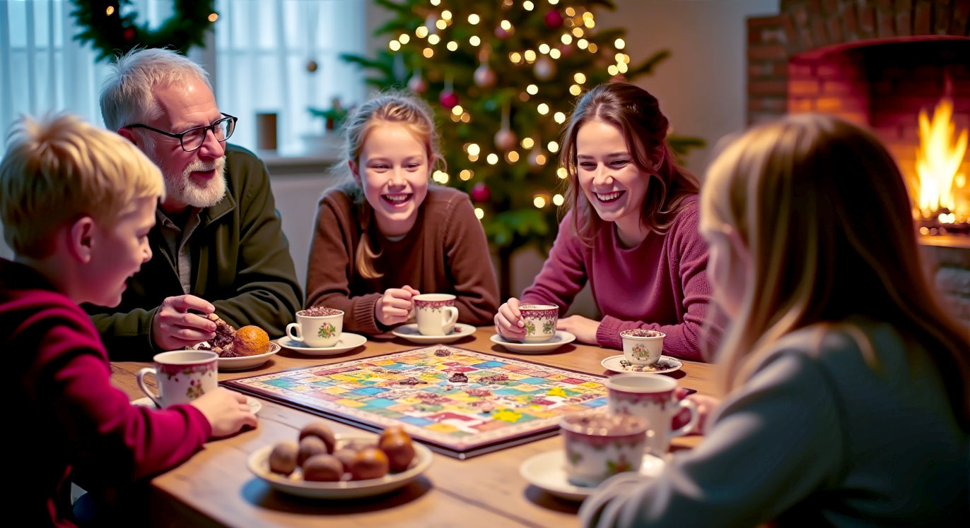 A hyper-realistic, warm, and festive photograph in the style of a high-end lifestyle magazine. The scene is a cosy British living room at Christmas. A family with diverse ages (a grandparent, parents, and two children aged around 8 and 14) are gathered around a rustic wooden dining table, mid-laugh, playing the board game 'Ticket to Ride: Europe'. The game board is colourful and central on the table, surrounded by cups of tea, a plate of mince pies, and a bowl of Quality Street. In the background, a decorated Christmas tree with warm, glowing lights is slightly out of focus. The lighting is soft and golden, coming from the tree and a nearby fireplace, evoking a feeling of warmth, nostalgia, and connection. The composition is a top-down angle, slightly off-centre, capturing the joyful interaction and the vibrant game components.