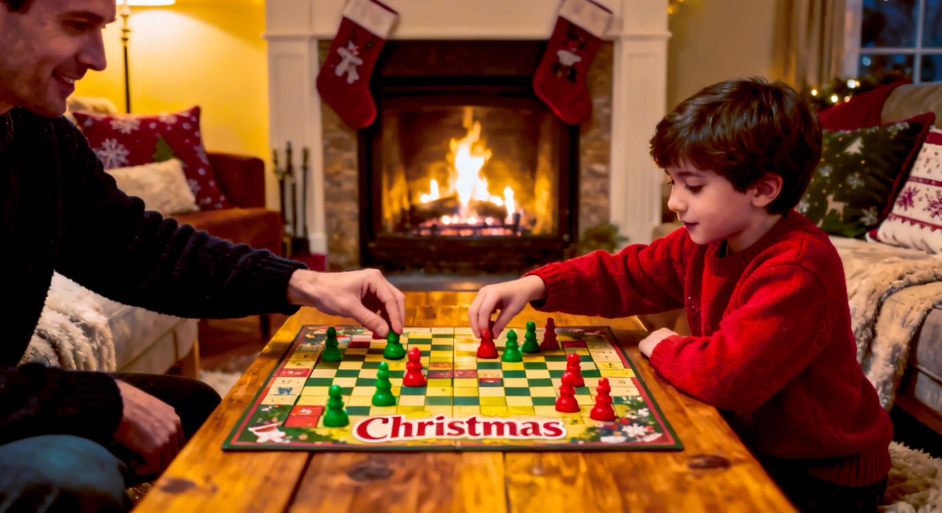 A hyper-realistic, heartwarming photograph with a nostalgic, timeless quality, styled like a classic scene from a British Christmas film. The shot is a close-up, focusing on a well-loved, vintage wooden board for a game like Cluedo or Ludo, set on a dark wood table. We see the hands of a grandparent and a grandchild (around 10 years old) hovering over the board, the older hands gently guiding the younger ones. In the soft-focus background, a fireplace with a crackling fire casts a warm, golden glow, illuminating the corner of a comfy armchair and hanging Christmas stockings. The mood is intimate, quiet, and deeply traditional, capturing the magic of a cherished moment being passed down through generations.