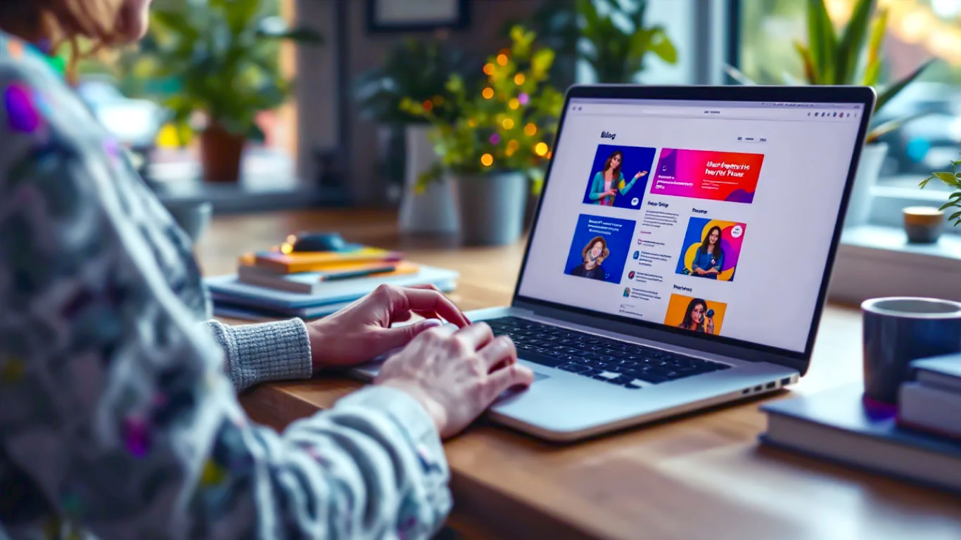 A hyper-realistic, professional photograph showing a person sitting at a modern, clean wooden desk with a laptop open to a WordPress dashboard. Next to the laptop is a beautifully printed, hardback book version of the blog, and a neat stack of A4 papers showing printed posts. The mood is calm, organised, and accomplished. The lighting is soft and natural, coming from a nearby window with a view of a leafy, suburban British street. The colour palette is warm and inviting.