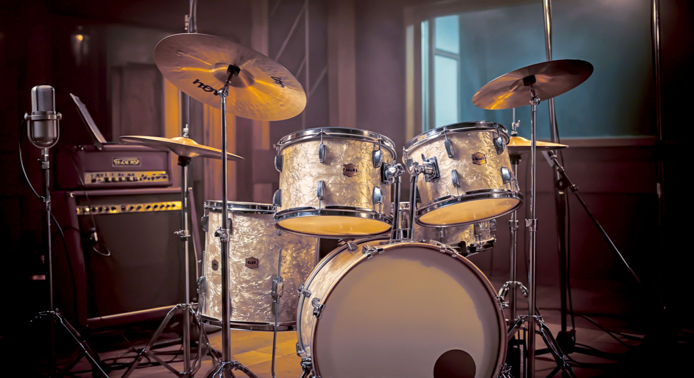 A hyper-realistic, professional photograph in the style of a Mojo magazine feature. The image shows a vintage 1960s Ludwig drum kit with an oyster pearl finish, set up in a classic British recording studio reminiscent of Abbey Road. Soft, warm light comes from one side, highlighting the texture of the drumheads and the gleam of the cymbals. In the background, vintage microphones and sound-proofing panels are softly out of focus. The mood is nostalgic, professional, and deeply connected to British music heritage.
