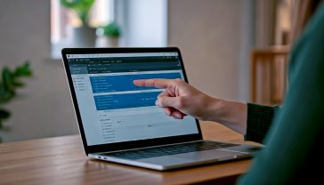 A hyper-realistic photograph showing a friendly, approachable person in a modern, light-filled British home office, pointing at a laptop screen. The screen clearly displays a WordPress dashboard with the robots.txt file editor open. The mood is helpful and professional, with soft, natural lighting. The style is clean and aspirational, like a feature in a tech magazine.