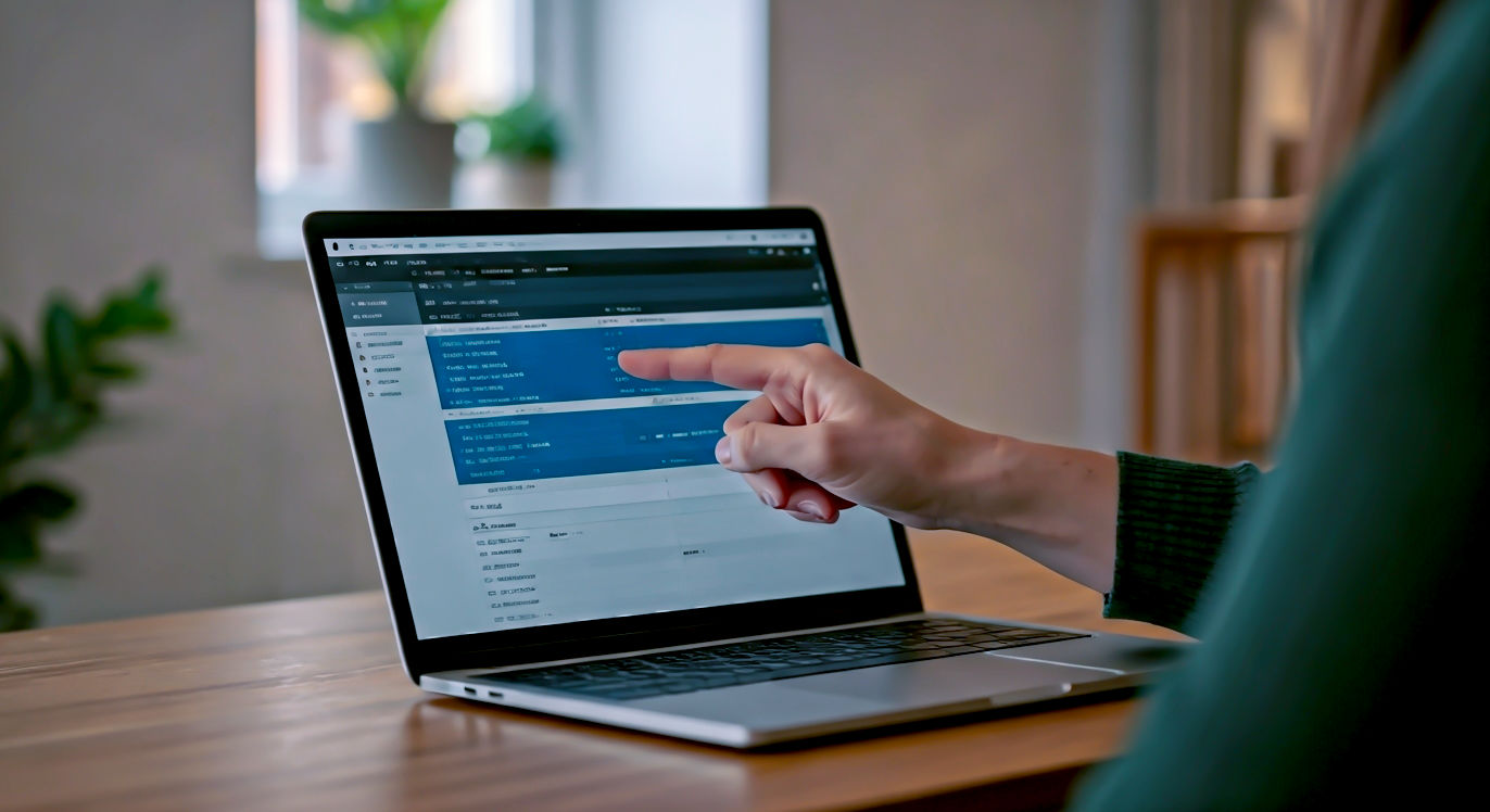 A hyper-realistic photograph showing a friendly, approachable person in a modern, light-filled British home office, pointing at a laptop screen. The screen clearly displays a WordPress dashboard with the robots.txt file editor open. The mood is helpful and professional, with soft, natural lighting. The style is clean and aspirational, like a feature in a tech magazine.