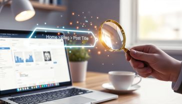 A hyper-realistic, professional photograph. A person's hand, holding a magnifying glass, is closely examining a glowing, digital breadcrumb trail (Home > Blog > Post Title) that hovers over a clean, modern laptop screen displaying a WordPress dashboard. The background is a slightly out-of-focus, stylish home office in the UK, with a cup of tea visible on the desk. The lighting is soft and focused, creating a mood of clarity, problem-solving, and technical expertise.