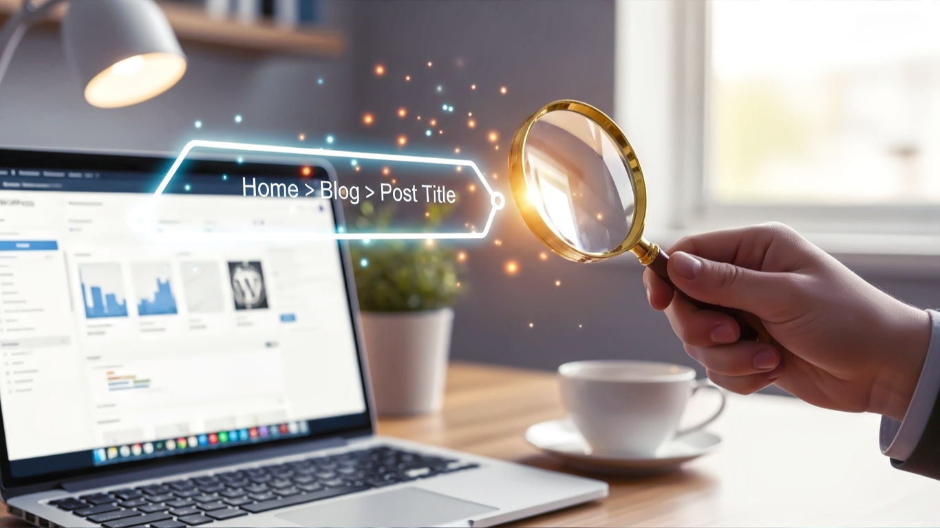 A hyper-realistic, professional photograph. A person's hand, holding a magnifying glass, is closely examining a glowing, digital breadcrumb trail (Home > Blog > Post Title) that hovers over a clean, modern laptop screen displaying a WordPress dashboard. The background is a slightly out-of-focus, stylish home office in the UK, with a cup of tea visible on the desk. The lighting is soft and focused, creating a mood of clarity, problem-solving, and technical expertise.