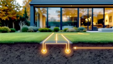 A hyper-realistic, professional photograph in the style of a Grand Designs magazine feature. The image captures the side view of a modern, architect-designed British home with large glass windows, set against a beautifully landscaped garden with a lush green lawn. In the foreground, subtle, stylised graphics are overlaid on the lawn, showing faint, glowing lines of a horizontal ground loop system buried underground, with arrows indicating heat being drawn towards the house. The lighting is soft and warm, suggesting a comfortable, efficiently heated home on a cool, crisp autumn day. The overall mood is aspirational, trustworthy, and technologically advanced, blending nature with clean energy.