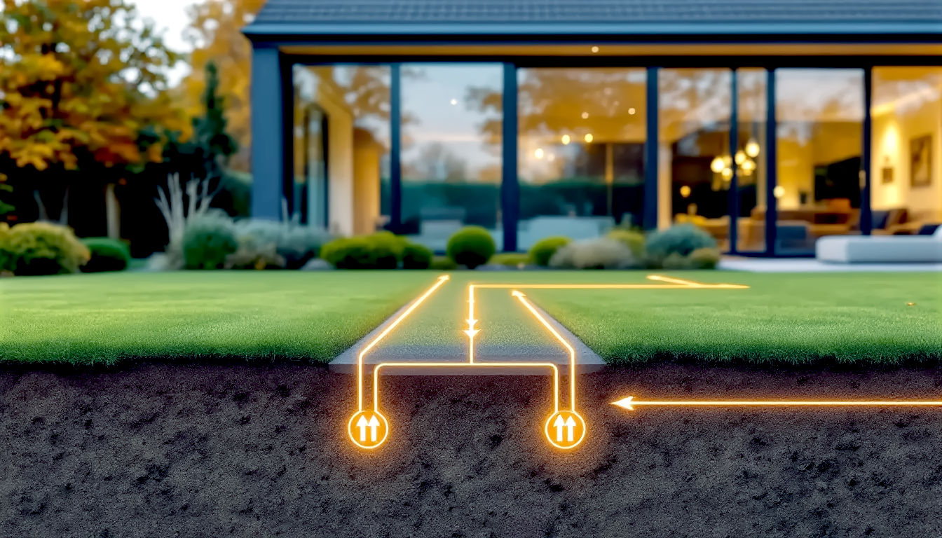 A hyper-realistic, professional photograph in the style of a Grand Designs magazine feature. The image captures the side view of a modern, architect-designed British home with large glass windows, set against a beautifully landscaped garden with a lush green lawn. In the foreground, subtle, stylised graphics are overlaid on the lawn, showing faint, glowing lines of a horizontal ground loop system buried underground, with arrows indicating heat being drawn towards the house. The lighting is soft and warm, suggesting a comfortable, efficiently heated home on a cool, crisp autumn day. The overall mood is aspirational, trustworthy, and technologically advanced, blending nature with clean energy.