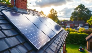 A hyper-realistic, professional photograph of a modern solar panel array on the slate roof of a typical British semi-detached house. The lighting is soft morning sunlight, catching the dew on the panels. In the background, a quintessentially British scene unfolds: a neat garden with a lawnmower, and neighbouring houses under a partly cloudy sky, subtly conveying that solar power works even without perfect sunshine. The style should be clean, hopeful, and slightly aspirational, similar to a high-end property magazine feature.