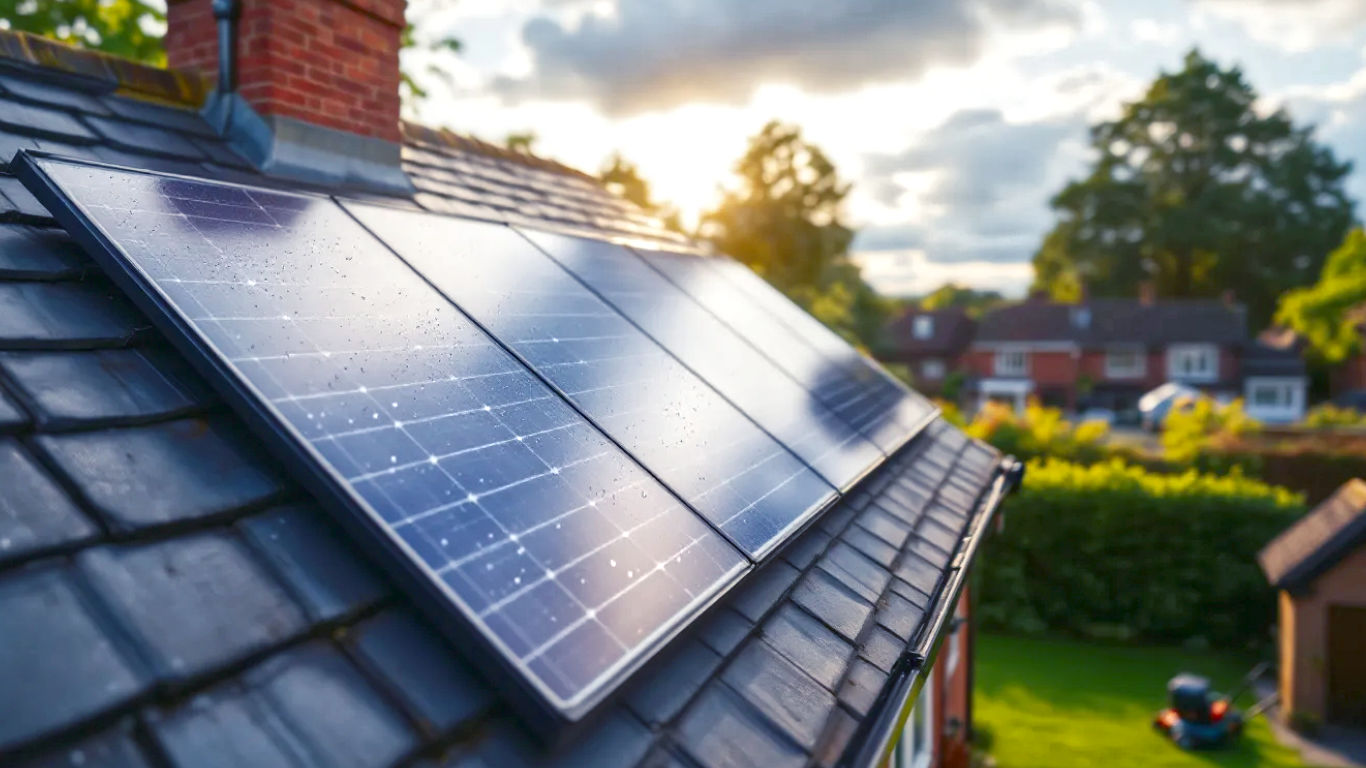 A hyper-realistic, professional photograph of a modern solar panel array on the slate roof of a typical British semi-detached house. The lighting is soft morning sunlight, catching the dew on the panels. In the background, a quintessentially British scene unfolds: a neat garden with a lawnmower, and neighbouring houses under a partly cloudy sky, subtly conveying that solar power works even without perfect sunshine. The style should be clean, hopeful, and slightly aspirational, similar to a high-end property magazine feature.