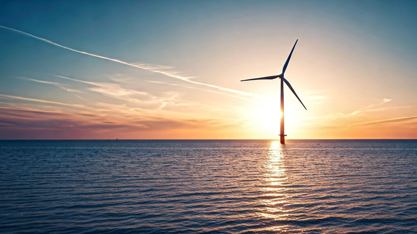 A hyper-realistic, professional photograph in the style of a BBC documentary still. The shot captures a magnificent, modern offshore wind turbine at sunrise, off the coast of Norfolk. The composition is a wide-angle view, showing the turbine's immense scale against the vast sea. The first light of dawn casts a soft, golden glow on the horizon, with calm, deep blue waters below. The sky is filled with a few wispy, pink-tinged clouds. The mood is one of awe, technological prowess, and serene, clean power. The image should feel quintessentially British, evoking a sense of calm optimism and sustainable progress.