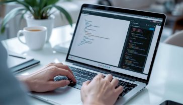 A hyper-realistic, professional photograph. A person's hands are poised over a clean, modern laptop keyboard. The screen shows the WordPress block editor with a "Custom HTML" block selected, displaying colourful, clean code. The background is a slightly blurred, stylish home office in the UK, with a mug of tea visible. The lighting is soft and natural, creating a calm, focused, and empowered mood. Style of a top tech blog feature image.