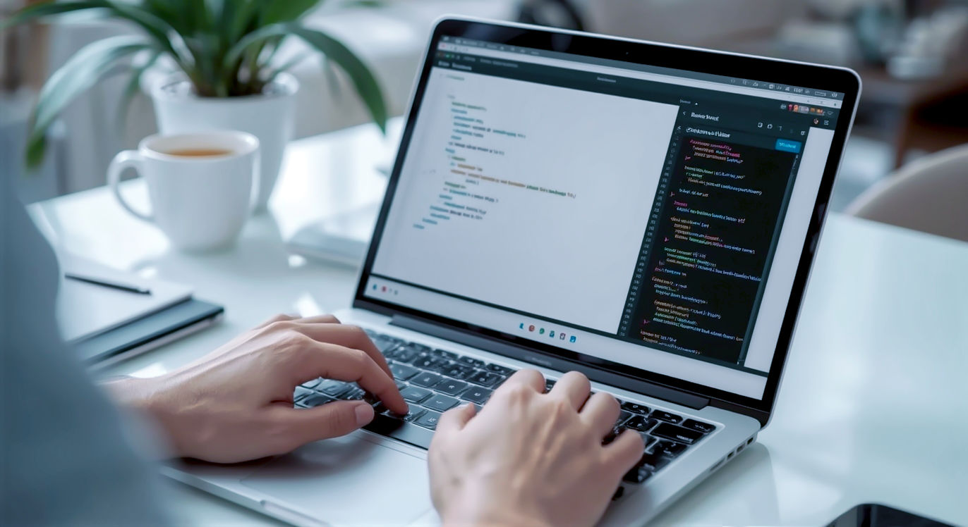 A hyper-realistic, professional photograph. A person's hands are poised over a clean, modern laptop keyboard. The screen shows the WordPress block editor with a "Custom HTML" block selected, displaying colourful, clean code. The background is a slightly blurred, stylish home office in the UK, with a mug of tea visible. The lighting is soft and natural, creating a calm, focused, and empowered mood. Style of a top tech blog feature image.