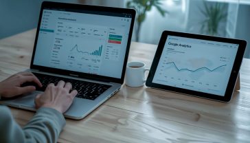 A hyper-realistic, professional photograph showing a person’s hands at a modern, clean wooden desk. On the left, a laptop displays the WordPress dashboard, clearly visible. On the right, a tablet shows the Google Analytics 'Realtime' report with a map of the UK and charts. A steaming mug of tea sits beside the laptop. The lighting is soft and natural, coming from a nearby window, creating a focused, productive, and slightly cosy mood. The style should be that of a high-end tech blog, with a shallow depth of field focusing on the screens.