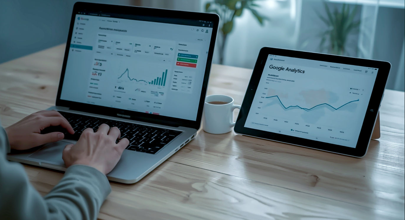 A hyper-realistic, professional photograph showing a person’s hands at a modern, clean wooden desk. On the left, a laptop displays the WordPress dashboard, clearly visible. On the right, a tablet shows the Google Analytics 'Realtime' report with a map of the UK and charts. A steaming mug of tea sits beside the laptop. The lighting is soft and natural, coming from a nearby window, creating a focused, productive, and slightly cosy mood. The style should be that of a high-end tech blog, with a shallow depth of field focusing on the screens.