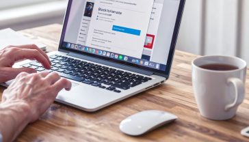 A hyper-realistic, professional photograph in the style of a modern tech blog. The image shows a British person's hands at a clean, minimalist wooden desk with a laptop open to Google Chrome. On the screen, the BlockSite extension's pop-up is clearly visible over a distracting social media website, with the "Block this site" button prominent. Next to the laptop is a steaming mug of tea and a notepad. The lighting is soft and natural, coming from a nearby window, creating a calm and focused atmosphere. The mood is productive, controlled, and subtly British.